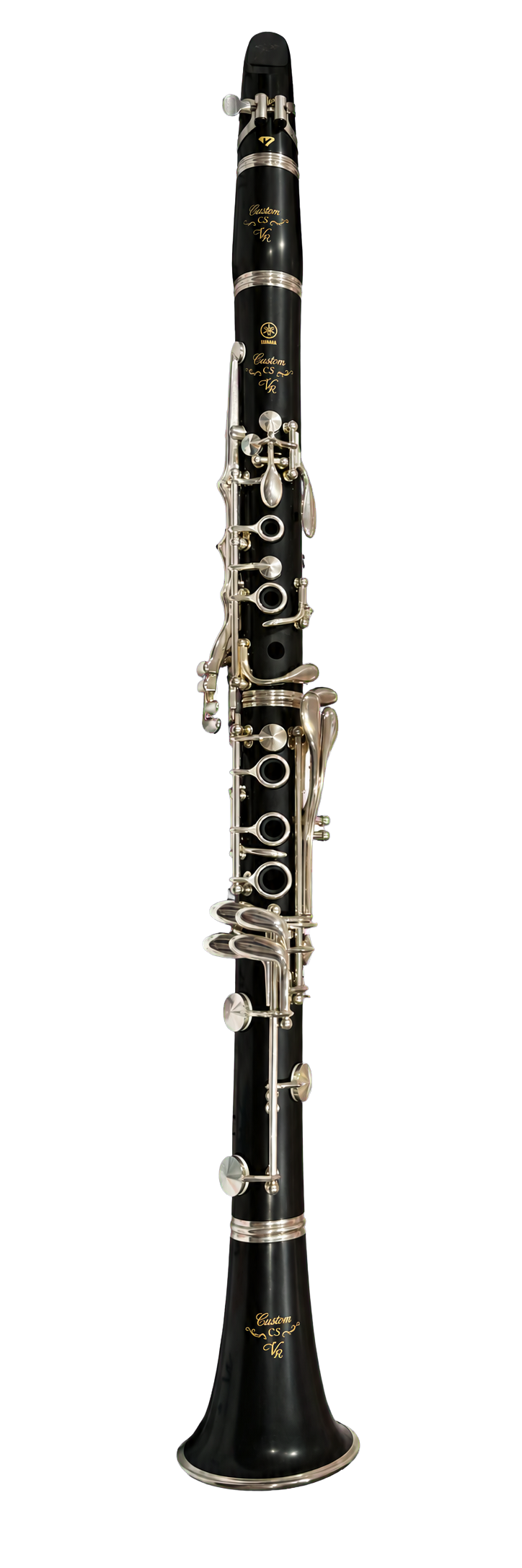 Fully assembled clarinet with mouthpiece attached on a transparent background
