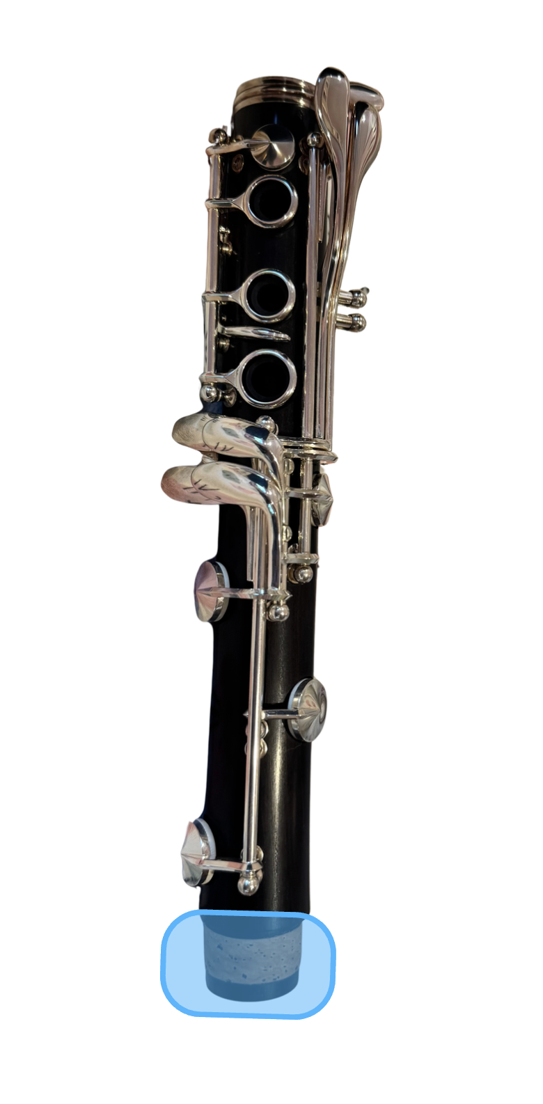 Lower clarinet joint with its cork highlighted for applying cork grease