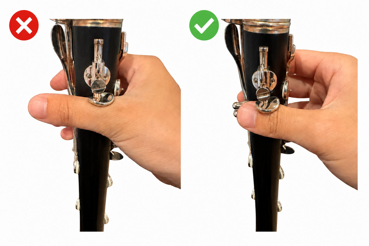 Incorrect thumb-rest placement marked with a red X beside correct thumb-rest placement marked with a green check